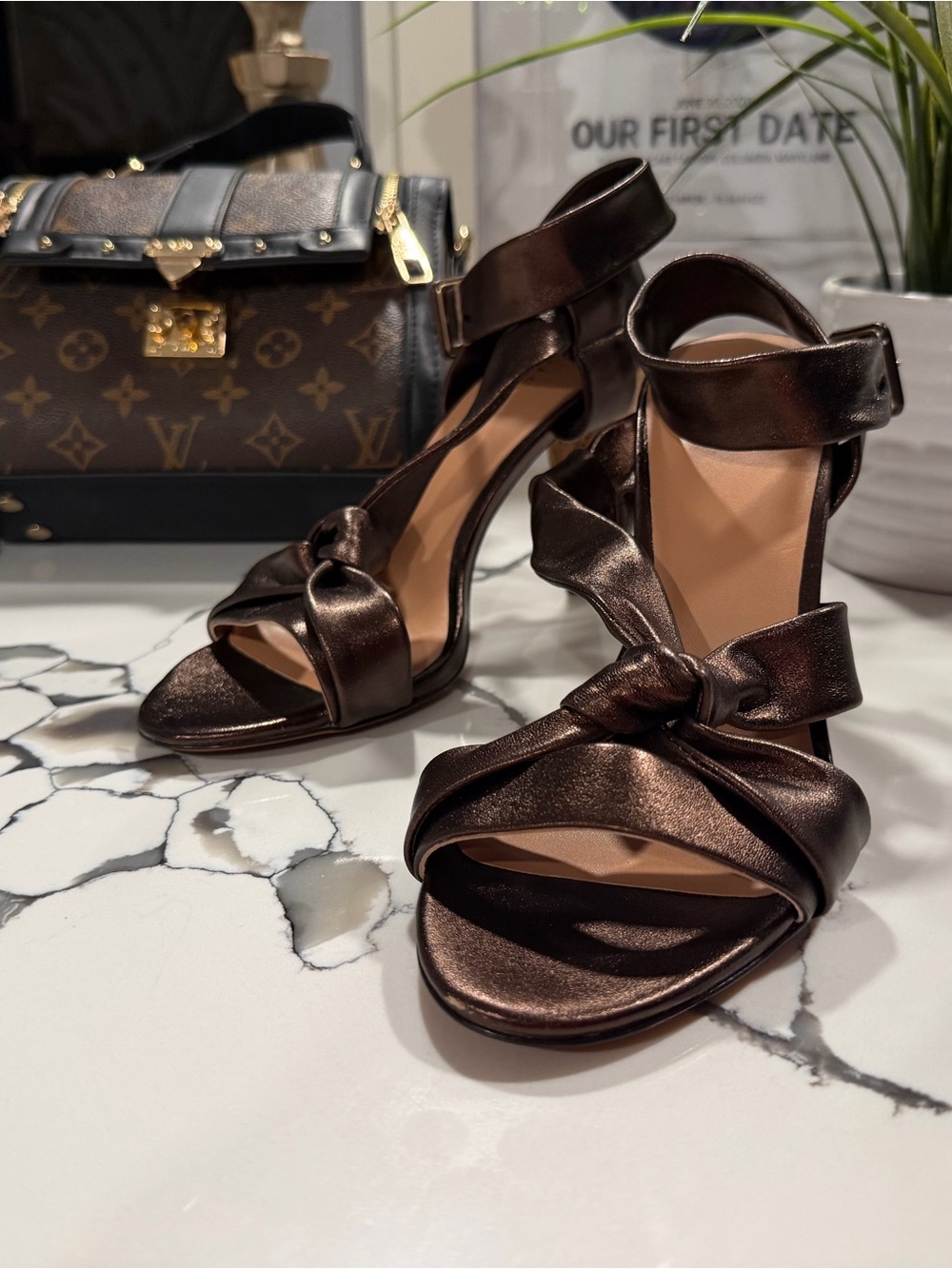 Joie Metallic Bronze Satin Knot Ankle-Strap Heels